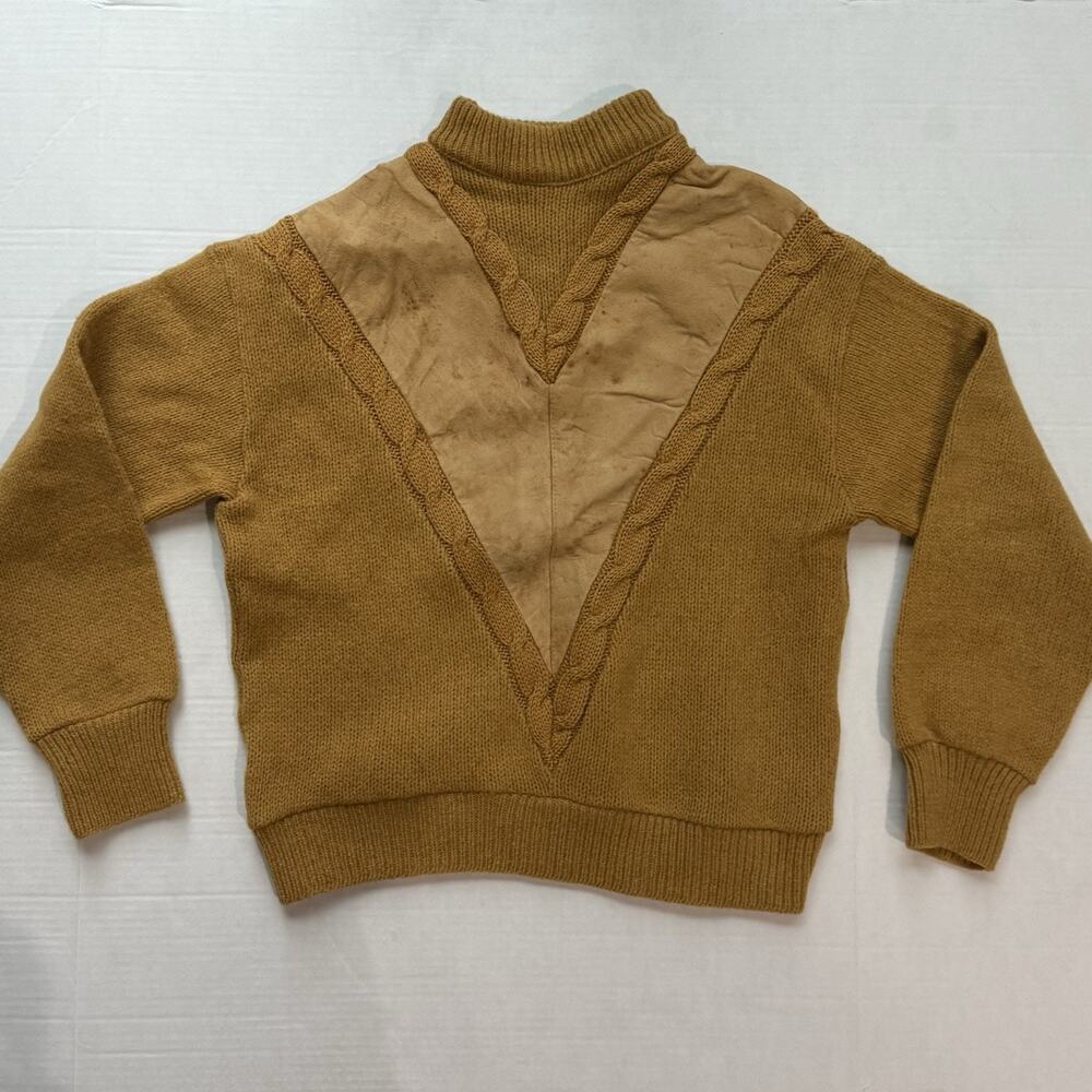 Vintage Campus Mustard Suede Panel Cable Knit Sweater Mens Large USA 70s